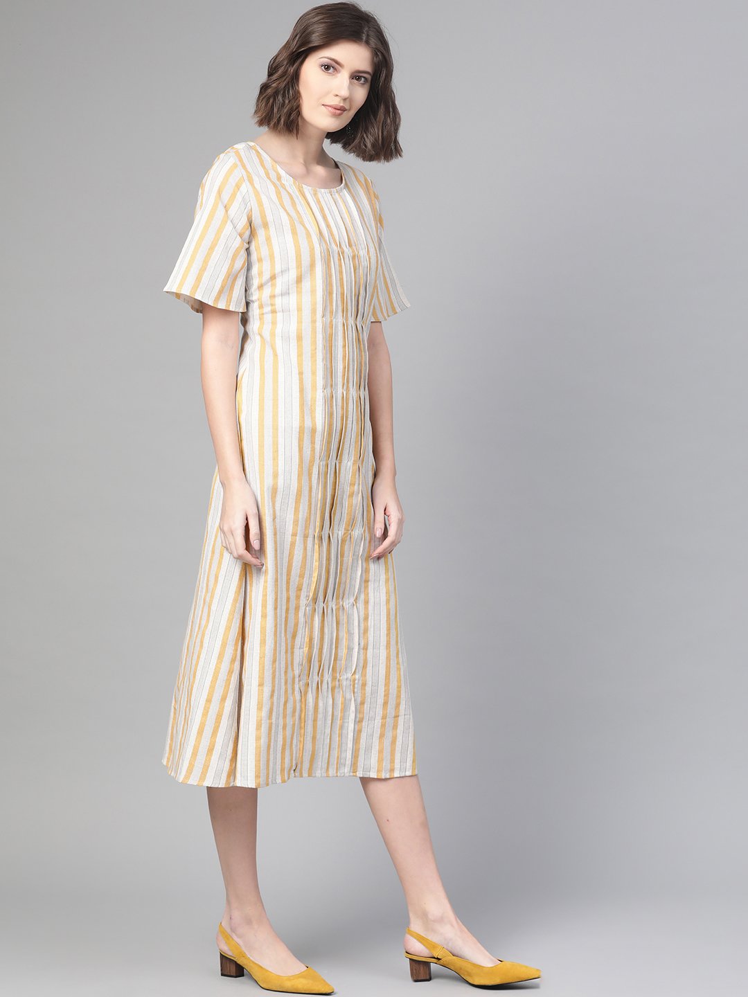 Women Off White & Mustard Striped Striped A-Line Dress | NOZ2TOZ - Made In INDIA.