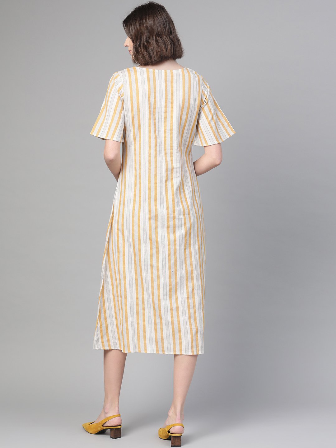 Women Off White & Mustard Striped Striped A-Line Dress | NOZ2TOZ - Made In INDIA.