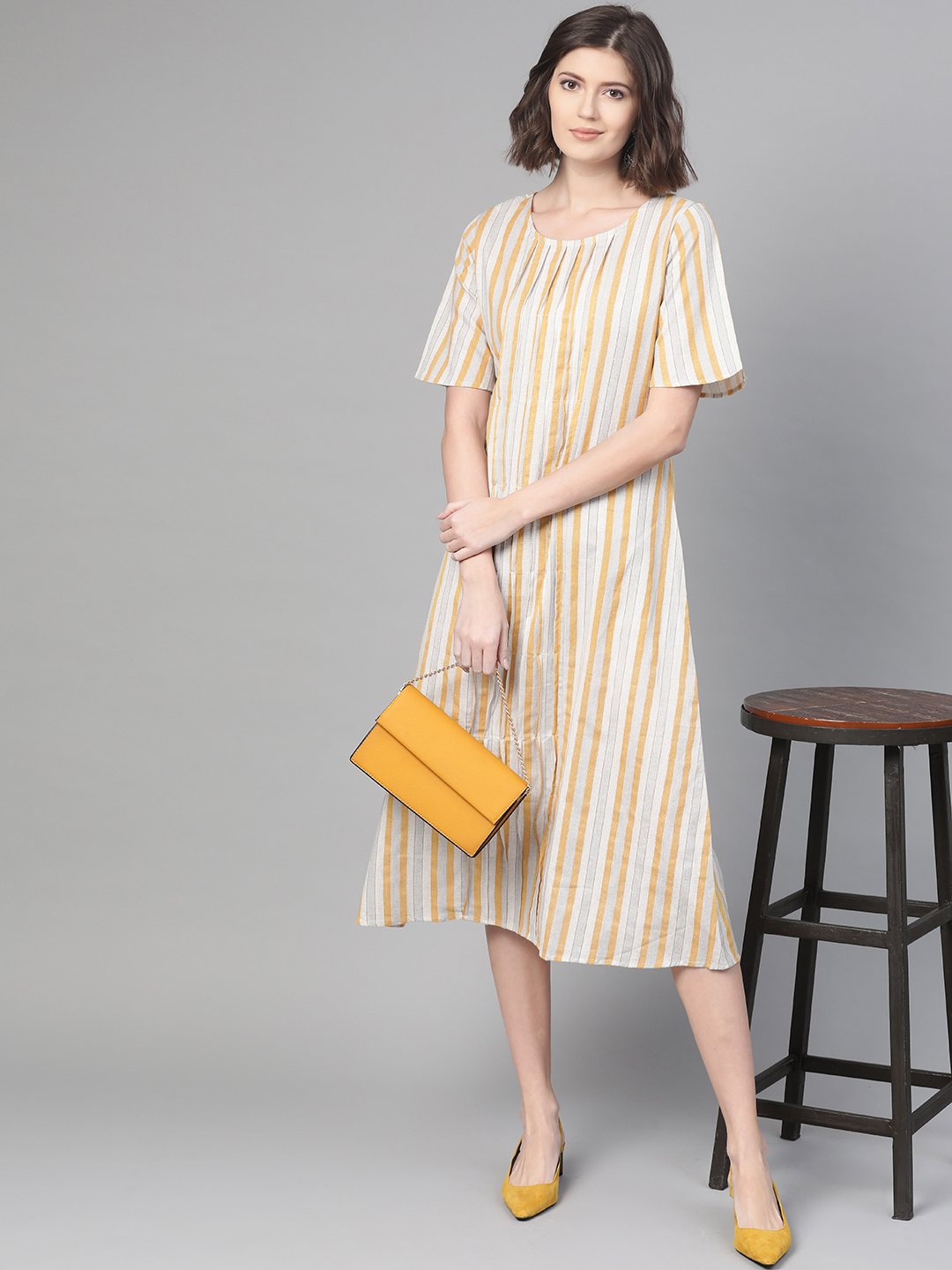 Women Off White & Mustard Striped Striped A-Line Dress | NOZ2TOZ - Made In INDIA.