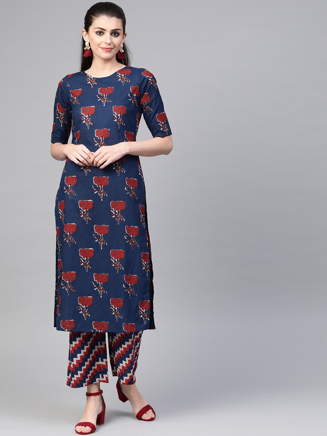 Women Blue & Red Straight Floral Printed Kurta And Palazzos Set | NOZ2TOZ - Made In INDIA.