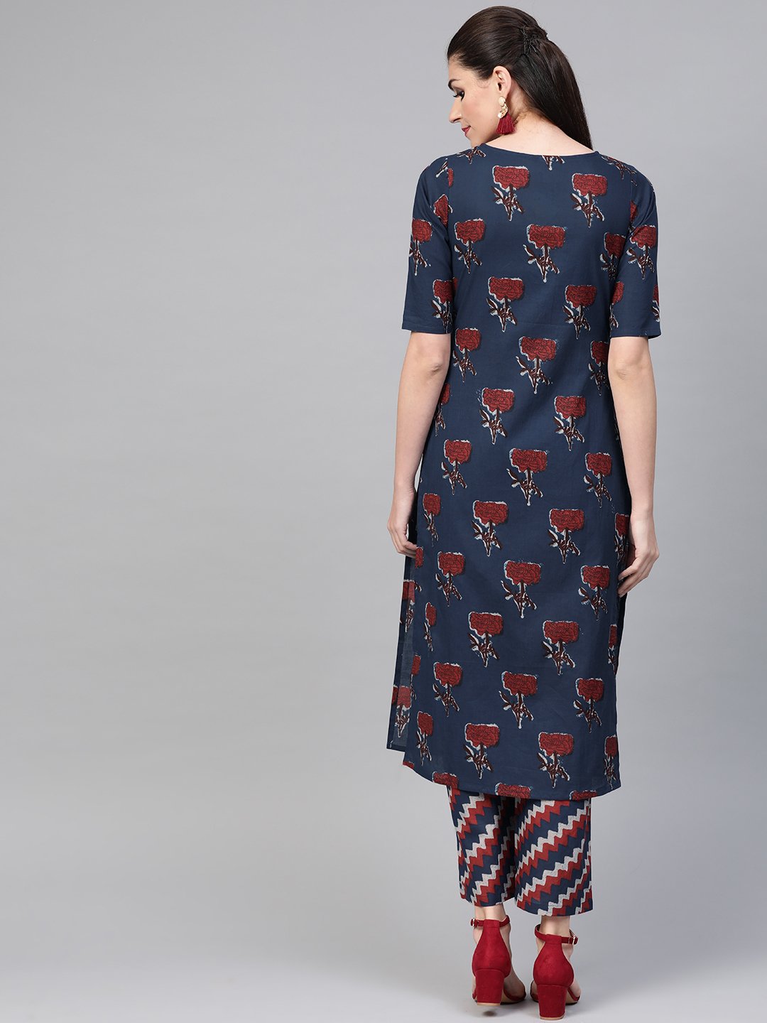 Women Blue & Red Straight Floral Printed Kurta And Palazzos Set | NOZ2TOZ - Made In INDIA.