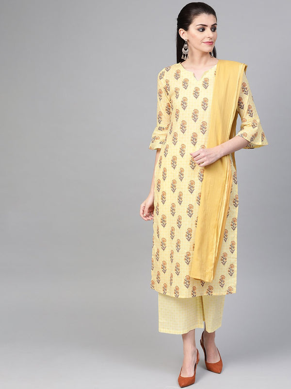 Women Yellow & Brown Straight Ethnic Motifs Printed Kurta And Palazzos Set | NOZ2TOZ - Made In INDIA.