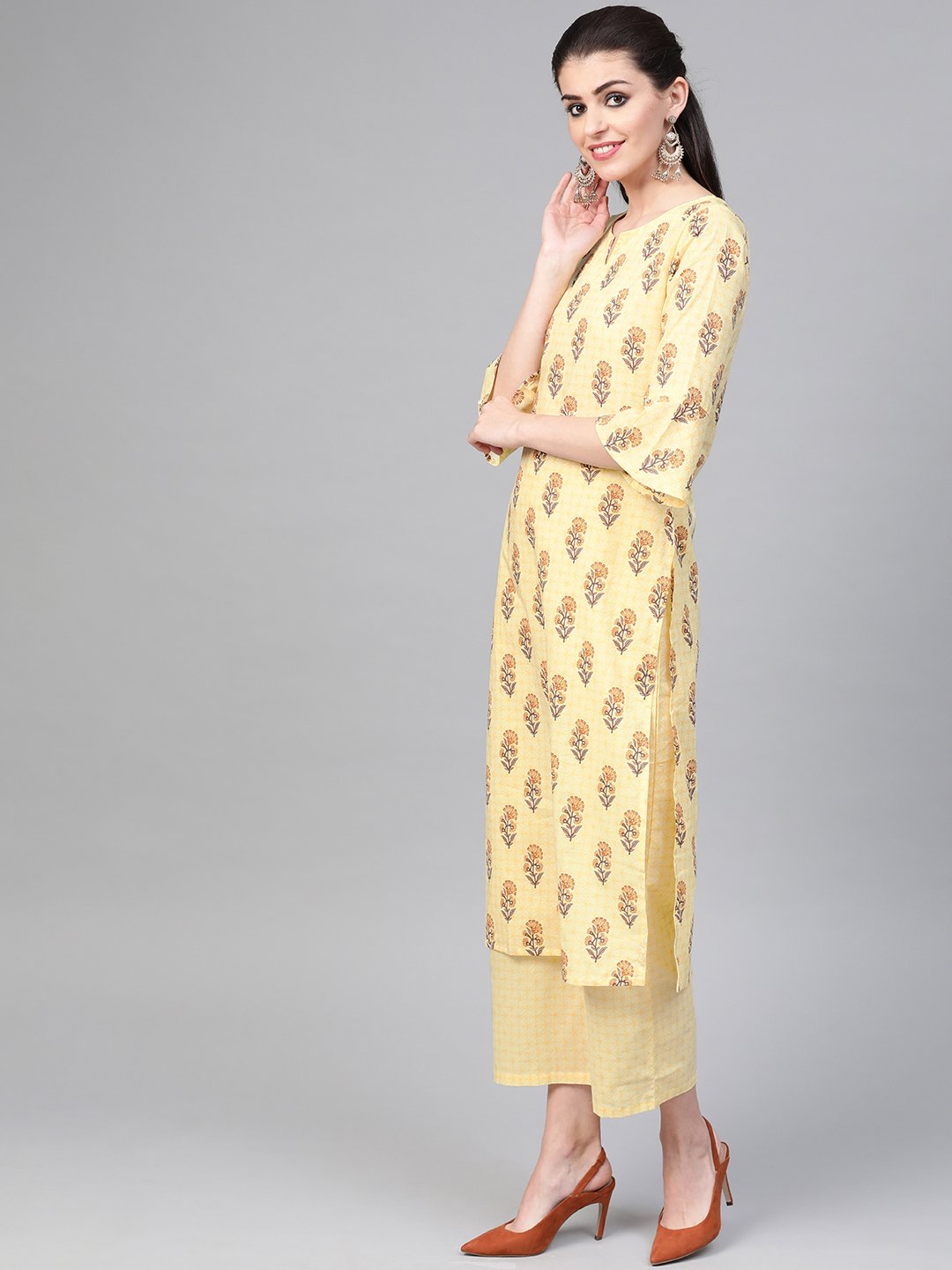 Women Yellow & Brown Straight Ethnic Motifs Printed Kurta And Palazzos Set | NOZ2TOZ - Made In INDIA.