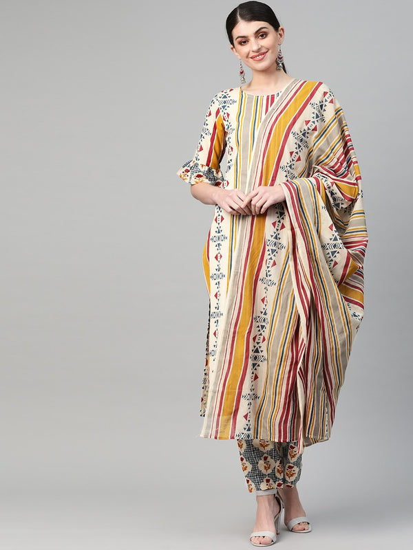 Women White & Maroon Straight Striped Striped Kurta And Palazzos Set | NOZ2TOZ - Made In INDIA.