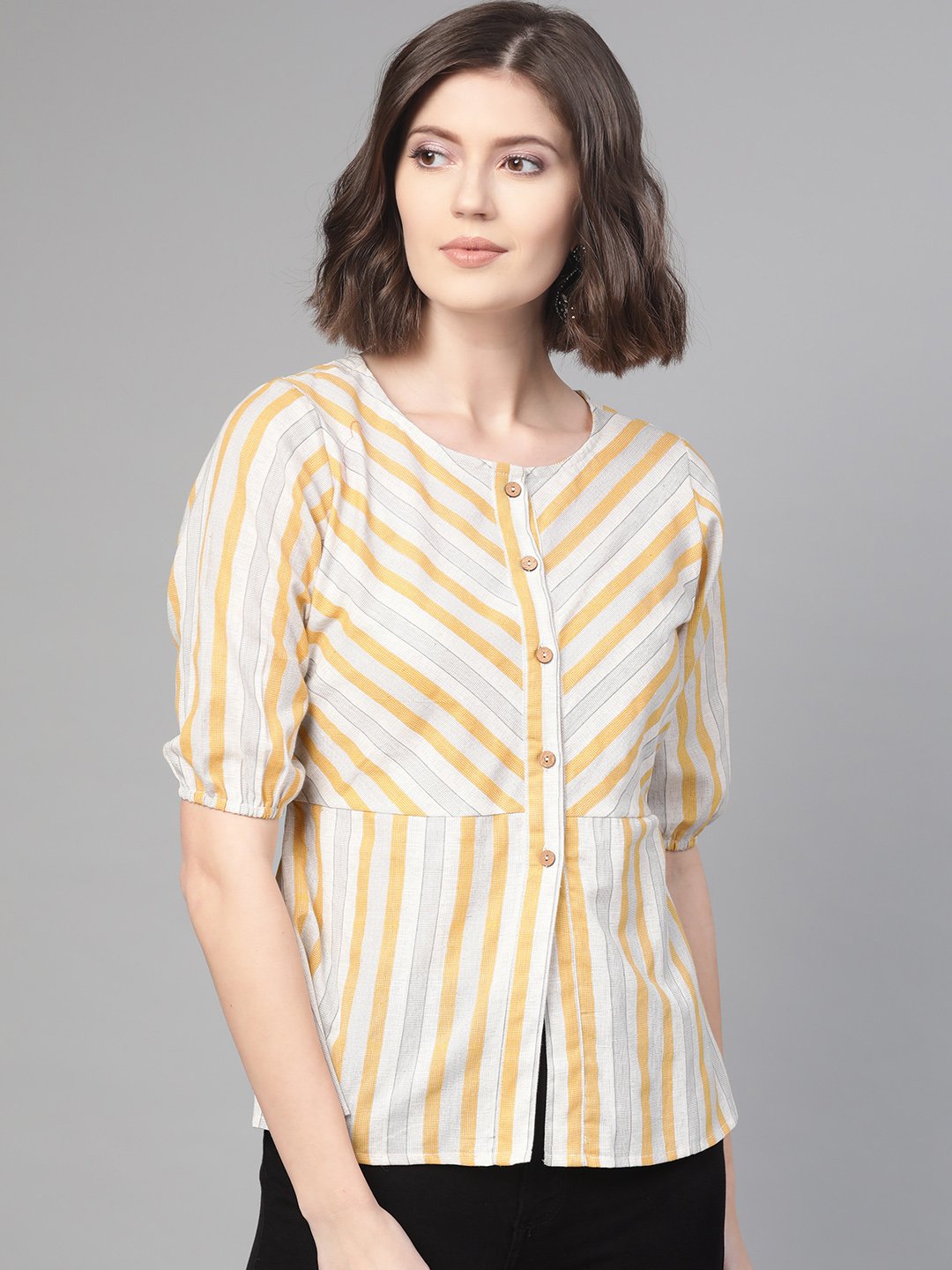 Women Off White & Mustard Peplum Striped Top | NOZ2TOZ - Made In INDIA.