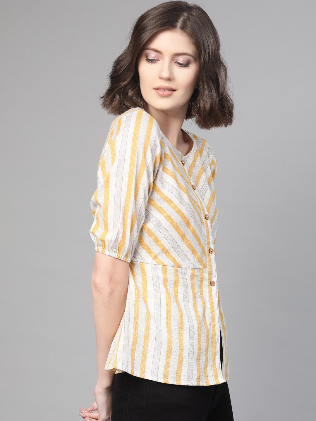 Women Off White & Mustard Peplum Striped Top | NOZ2TOZ - Made In INDIA.