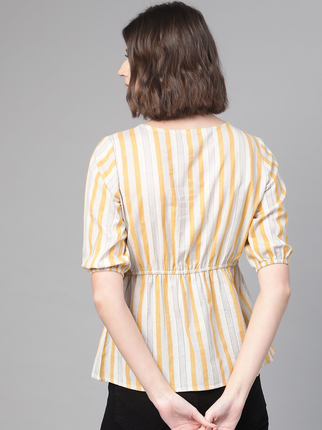 Women Off White & Mustard Peplum Striped Top | NOZ2TOZ - Made In INDIA.