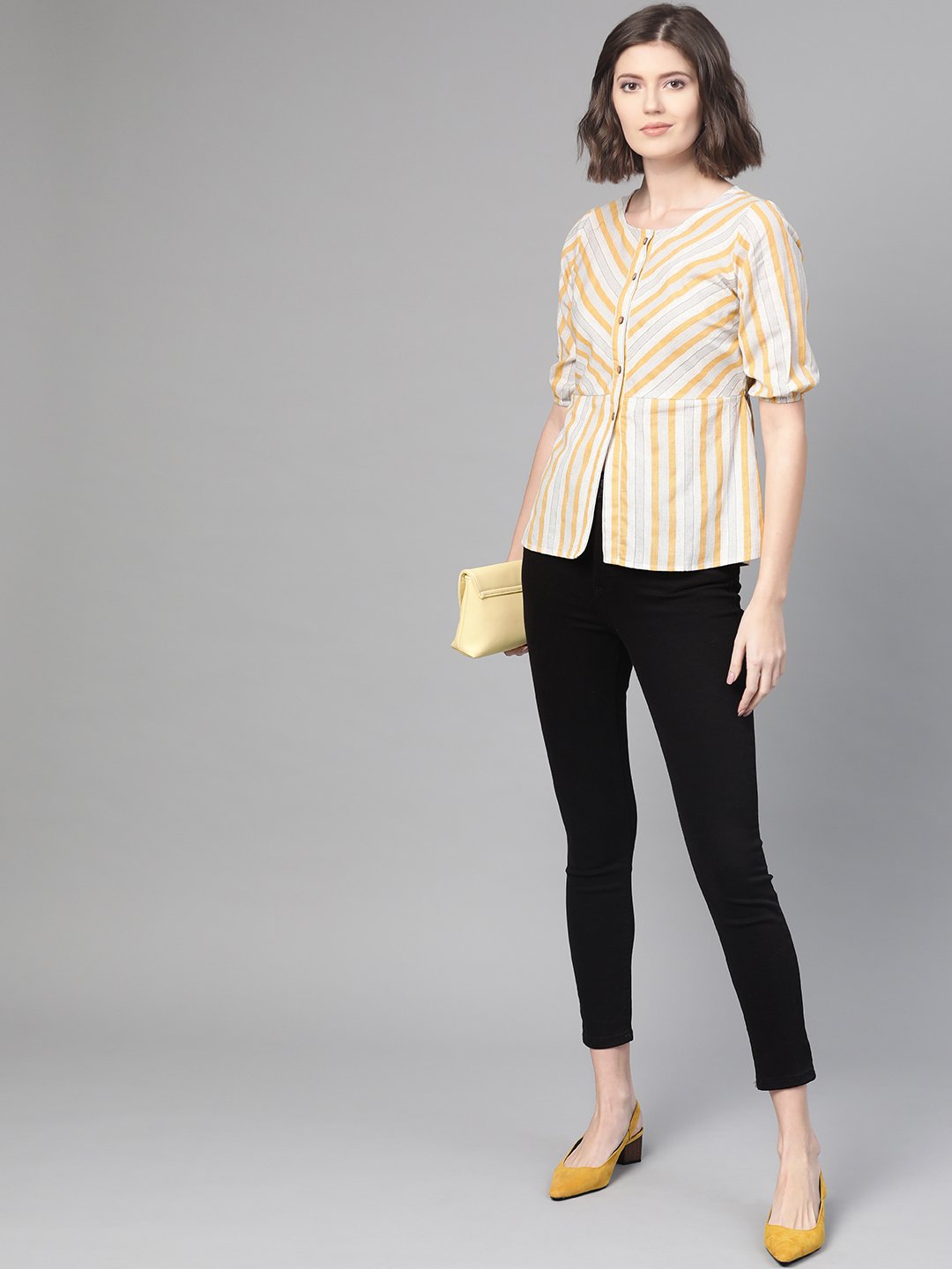 Women Off White & Mustard Peplum Striped Top | NOZ2TOZ - Made In INDIA.