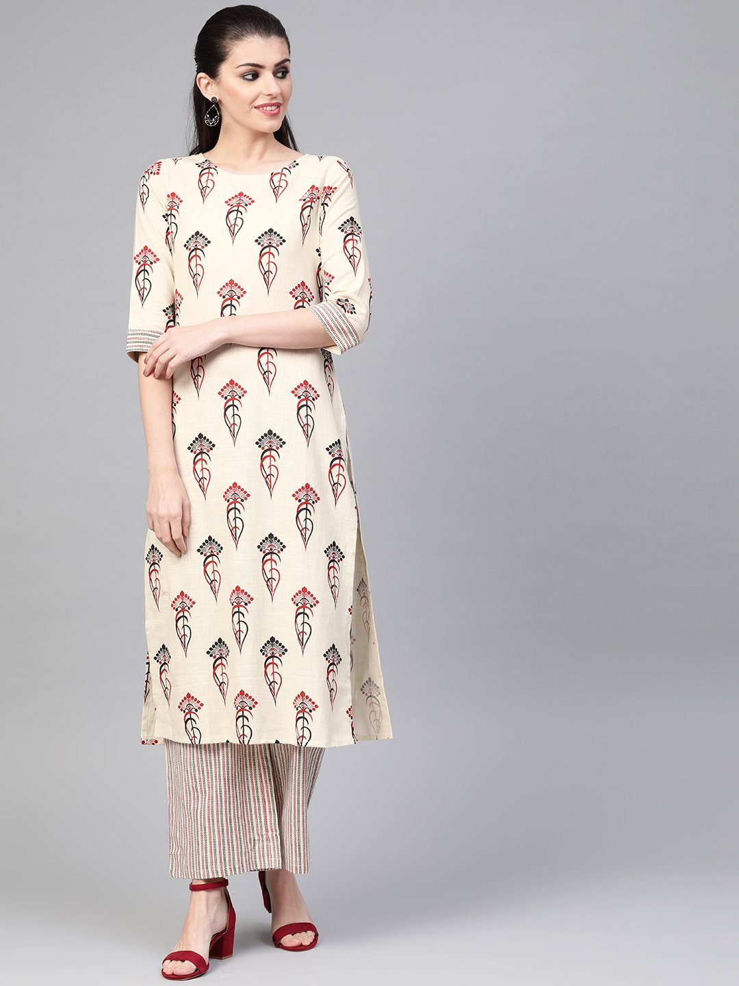 Women Off White & Red Straight Ethnic Motifs Printed Kurta And Palazzos Set | NOZ2TOZ - Made In INDIA.