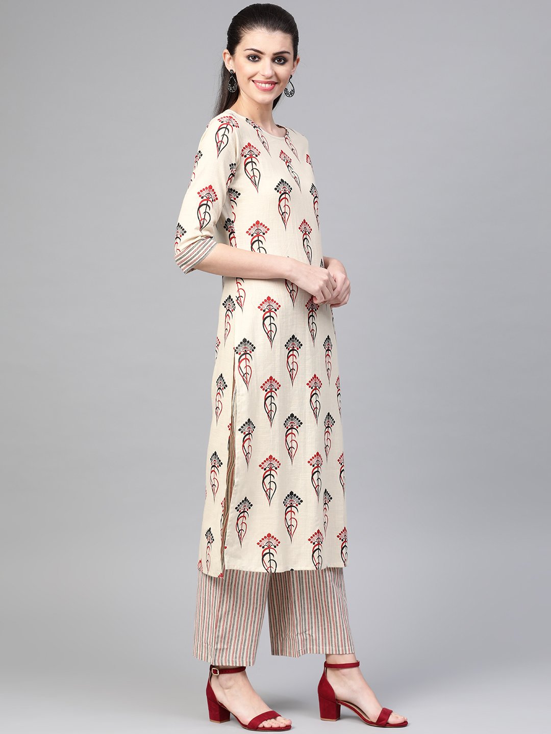 Women Off White & Red Straight Ethnic Motifs Printed Kurta And Palazzos Set | NOZ2TOZ - Made In INDIA.