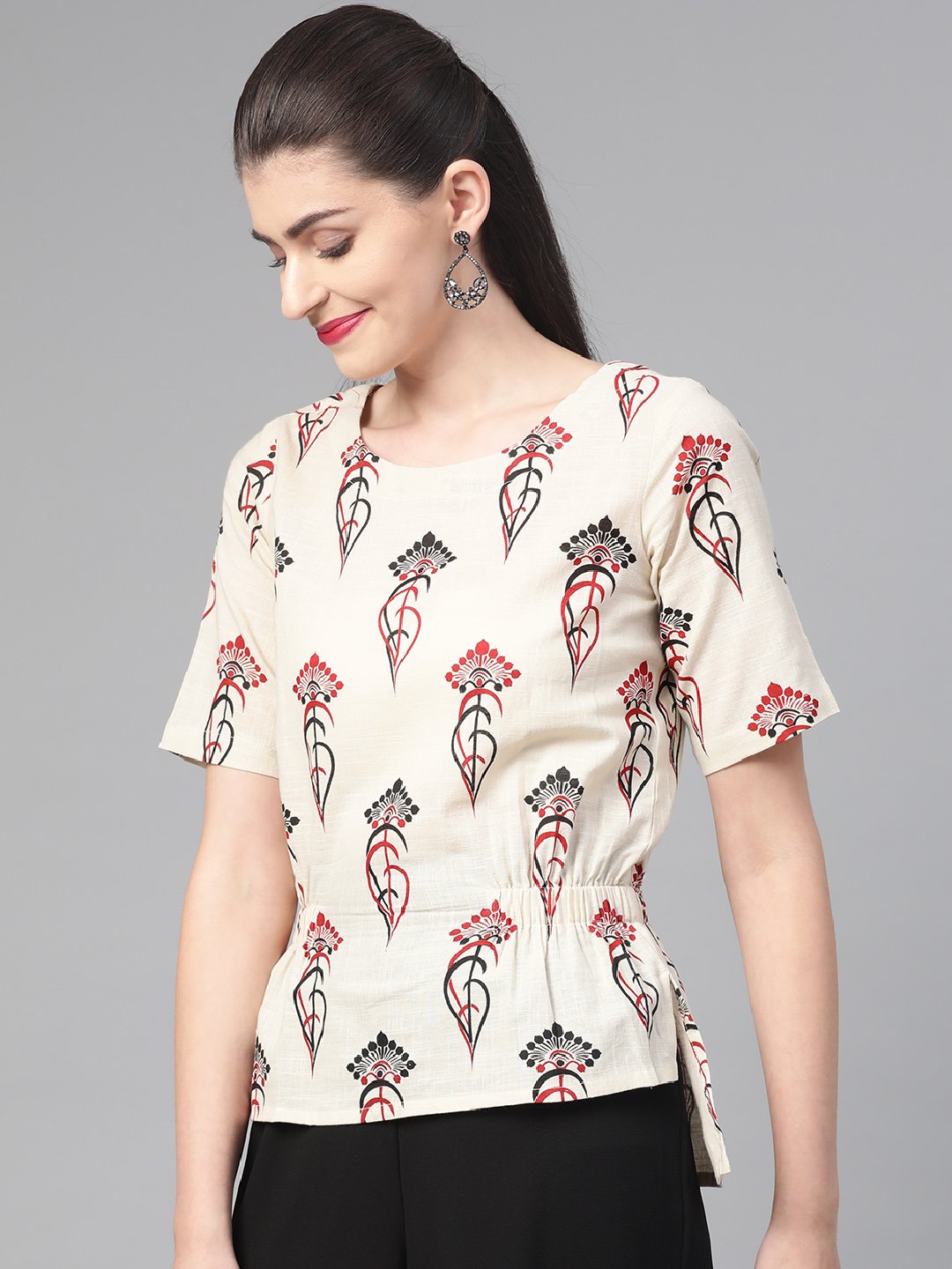 Women Off White & Red Regular Printed Top | NOZ2TOZ - Made In INDIA.