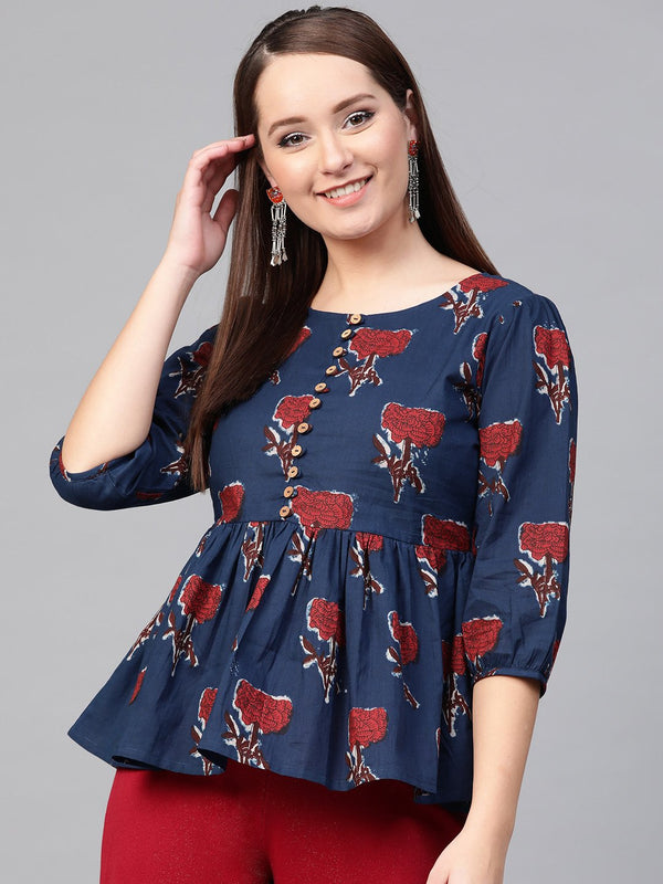 Women Blue & Red Peplum Printed Top | NOZ2TOZ - Made In INDIA.