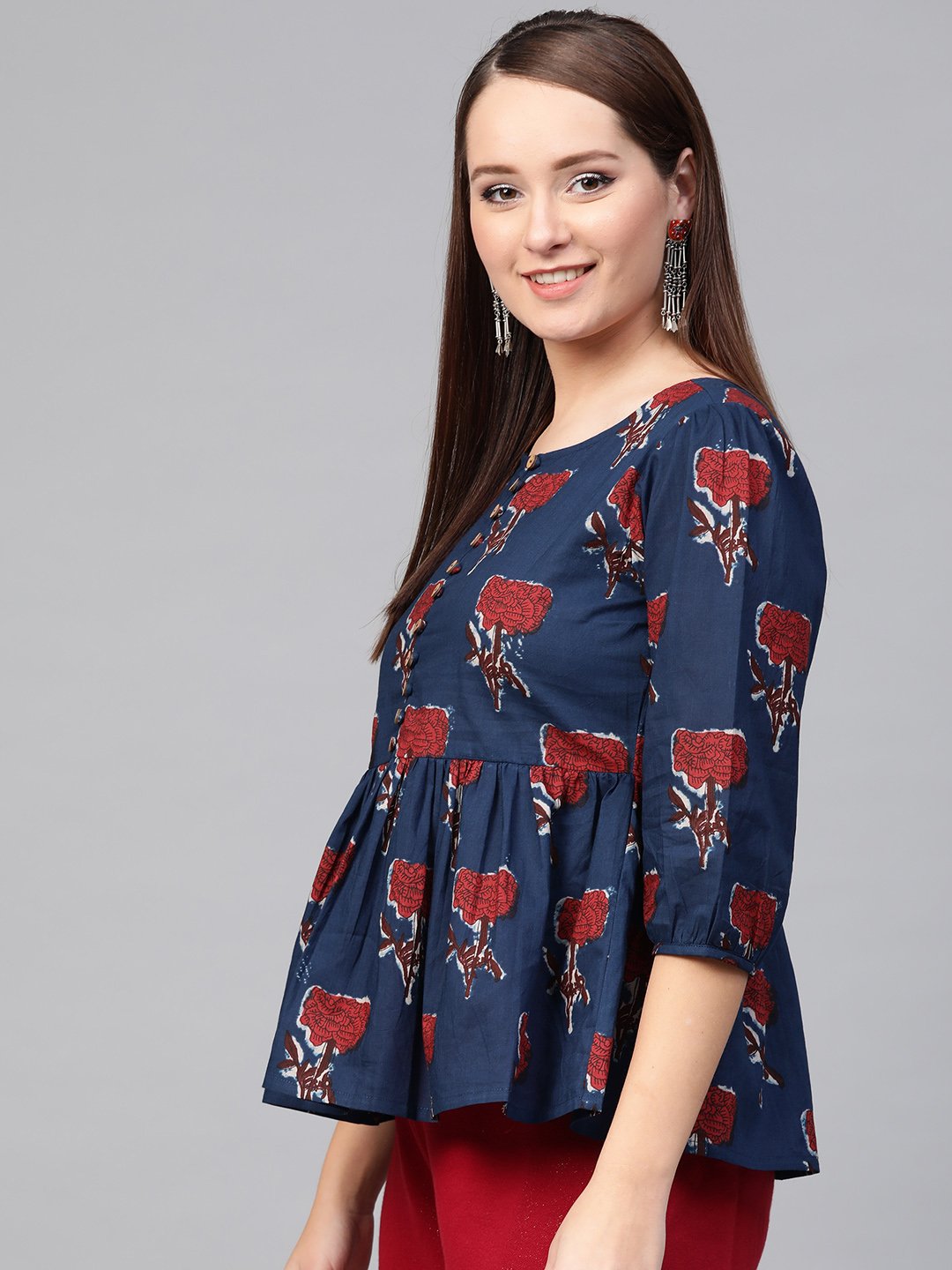 Women Blue & Red Peplum Printed Top | NOZ2TOZ - Made In INDIA.