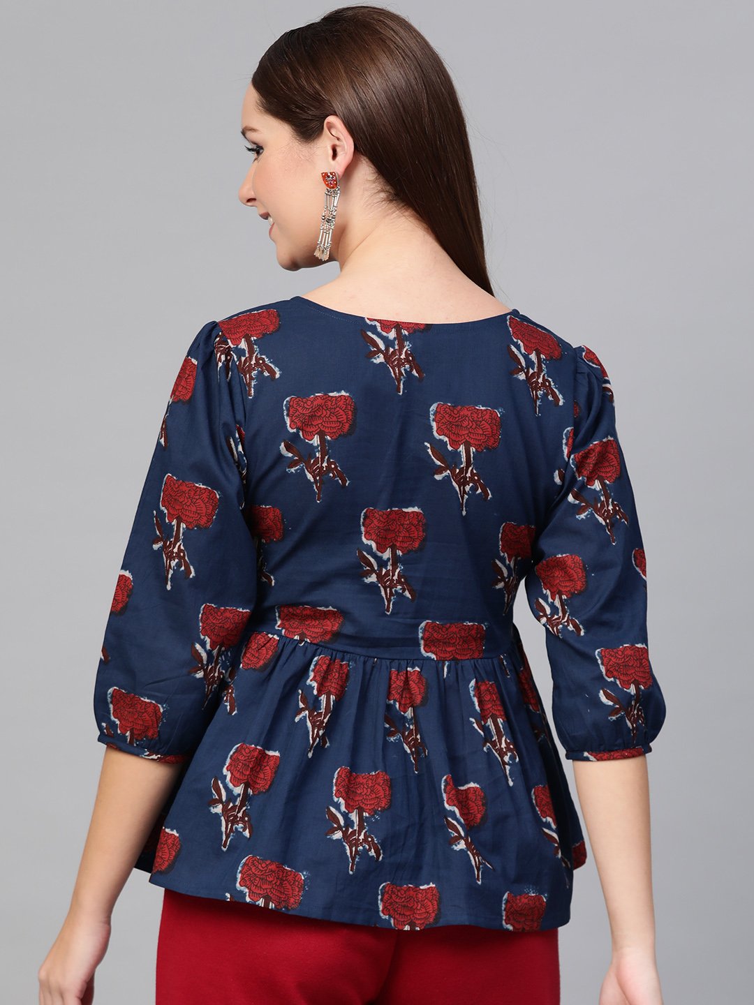 Women Blue & Red Peplum Printed Top | NOZ2TOZ - Made In INDIA.