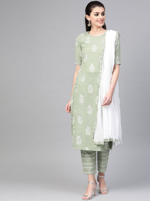 Women Green & white Straight Ethnic Motifs Printed Kurta And Trousers Set | NOZ2TOZ - Made In INDIA.