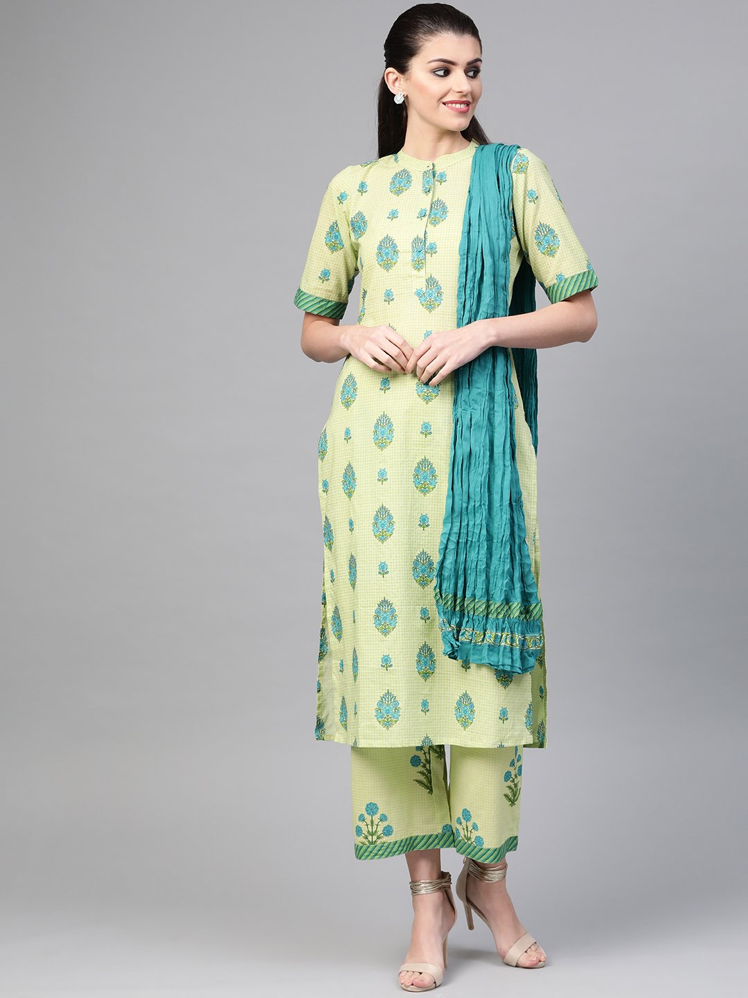 Women Green & Blue Straight Ethnic Motifs Printed Kurta And Palazzos Set | NOZ2TOZ - Made In INDIA.