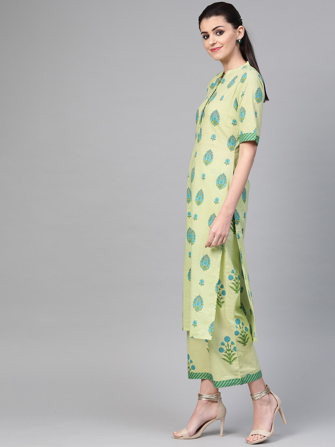 Women Green & Blue Straight Ethnic Motifs Printed Kurta And Palazzos Set | NOZ2TOZ - Made In INDIA.