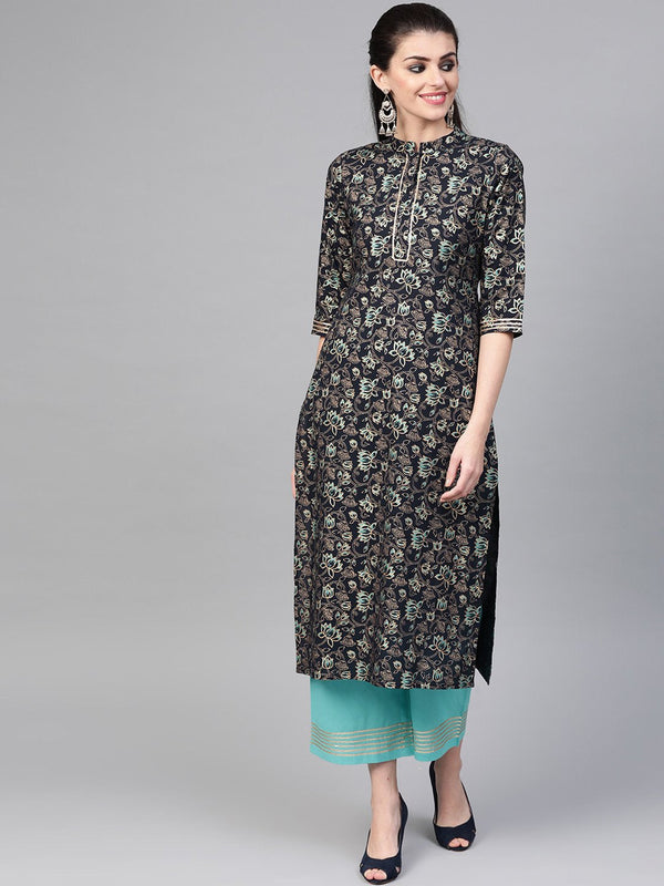 Women Navy Blue & Blue Straight Floral Printed Kurta And Palazzos Set | NOZ2TOZ - Made In INDIA.