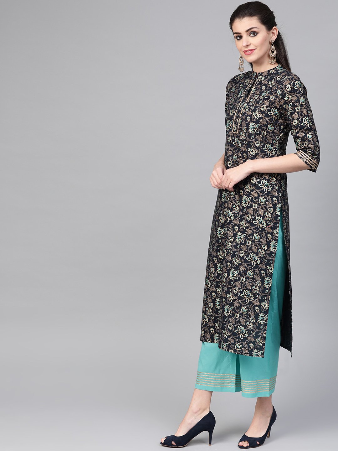 Women Navy Blue & Blue Straight Floral Printed Kurta And Palazzos Set | NOZ2TOZ - Made In INDIA.