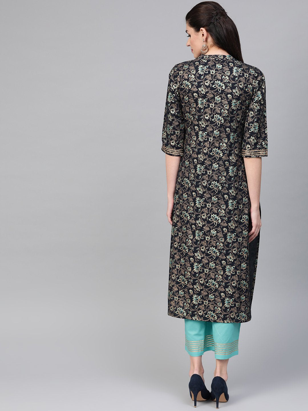 Women Navy Blue & Blue Straight Floral Printed Kurta And Palazzos Set | NOZ2TOZ - Made In INDIA.