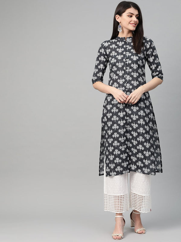 Women Black & White Cotton Straight Ethnic Motifs Printed Kurta | NOZ2TOZ - Made In INDIA.