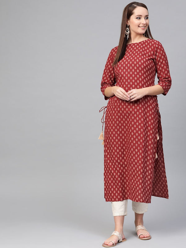 Women Maroon & Cream Cotton Straight Ethnic Motifs Printed Kurta | NOZ2TOZ - Made In INDIA.