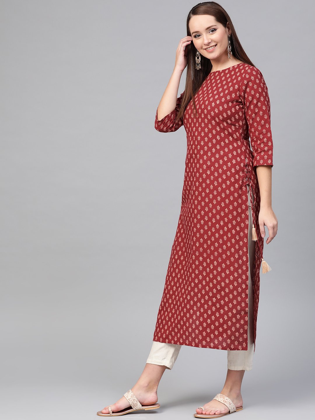 Women Maroon & Cream Cotton Straight Ethnic Motifs Printed Kurta | NOZ2TOZ - Made In INDIA.