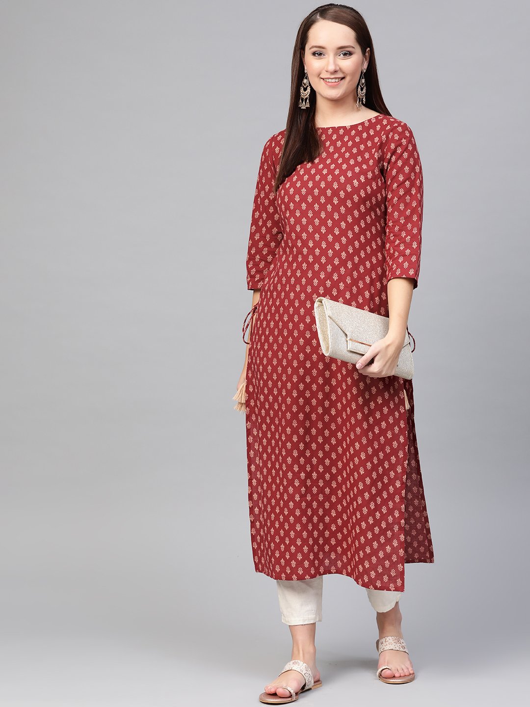 Women Maroon & Cream Cotton Straight Ethnic Motifs Printed Kurta | NOZ2TOZ - Made In INDIA.