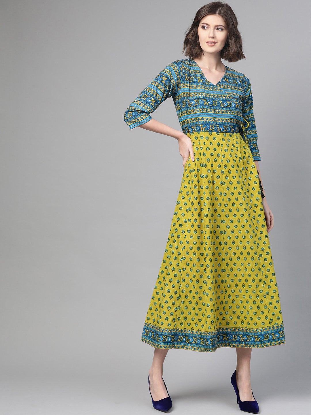 Women Green & Blue Ethnic Motifs Printed Maxi Dress | NOZ2TOZ - Made In INDIA.