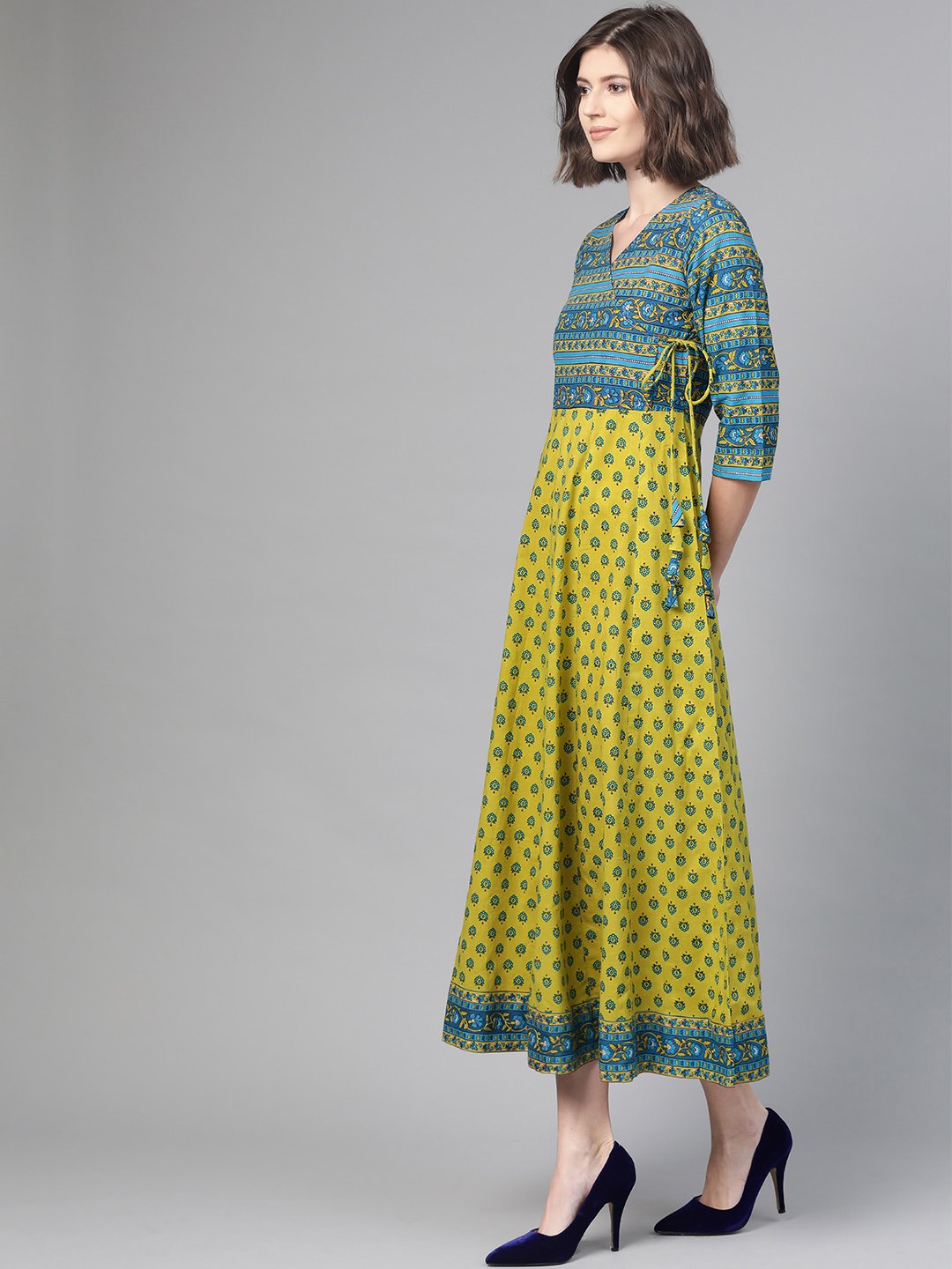 Women Green & Blue Ethnic Motifs Printed Maxi Dress | NOZ2TOZ - Made In INDIA.