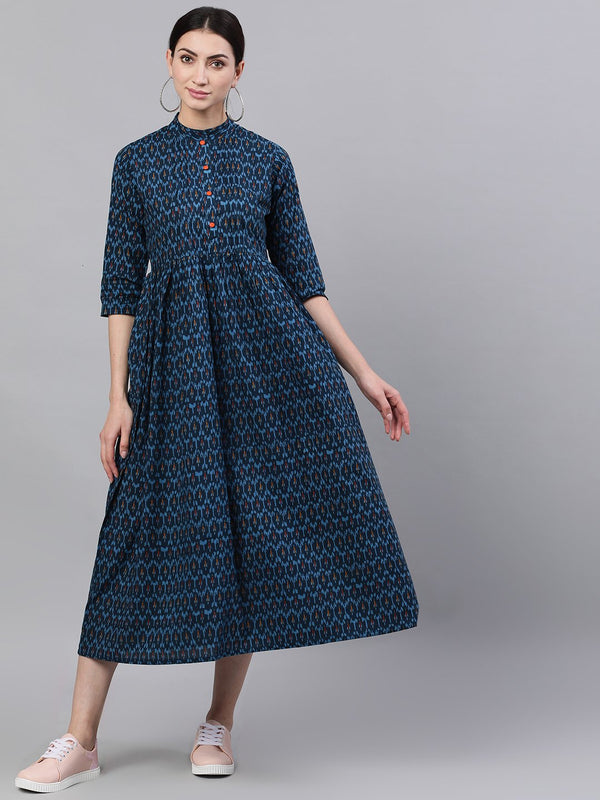 Women Navy Blue Bohemian Printed Mandarin Collar Cotton A-Line Dress | NOZ2TOZ - Made In INDIA.