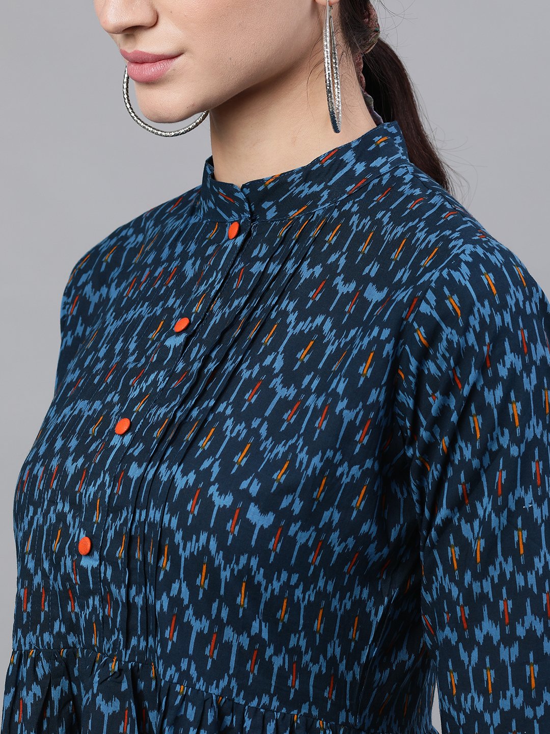 Women Navy Blue Bohemian Printed Mandarin Collar Cotton A-Line Dress | NOZ2TOZ - Made In INDIA.