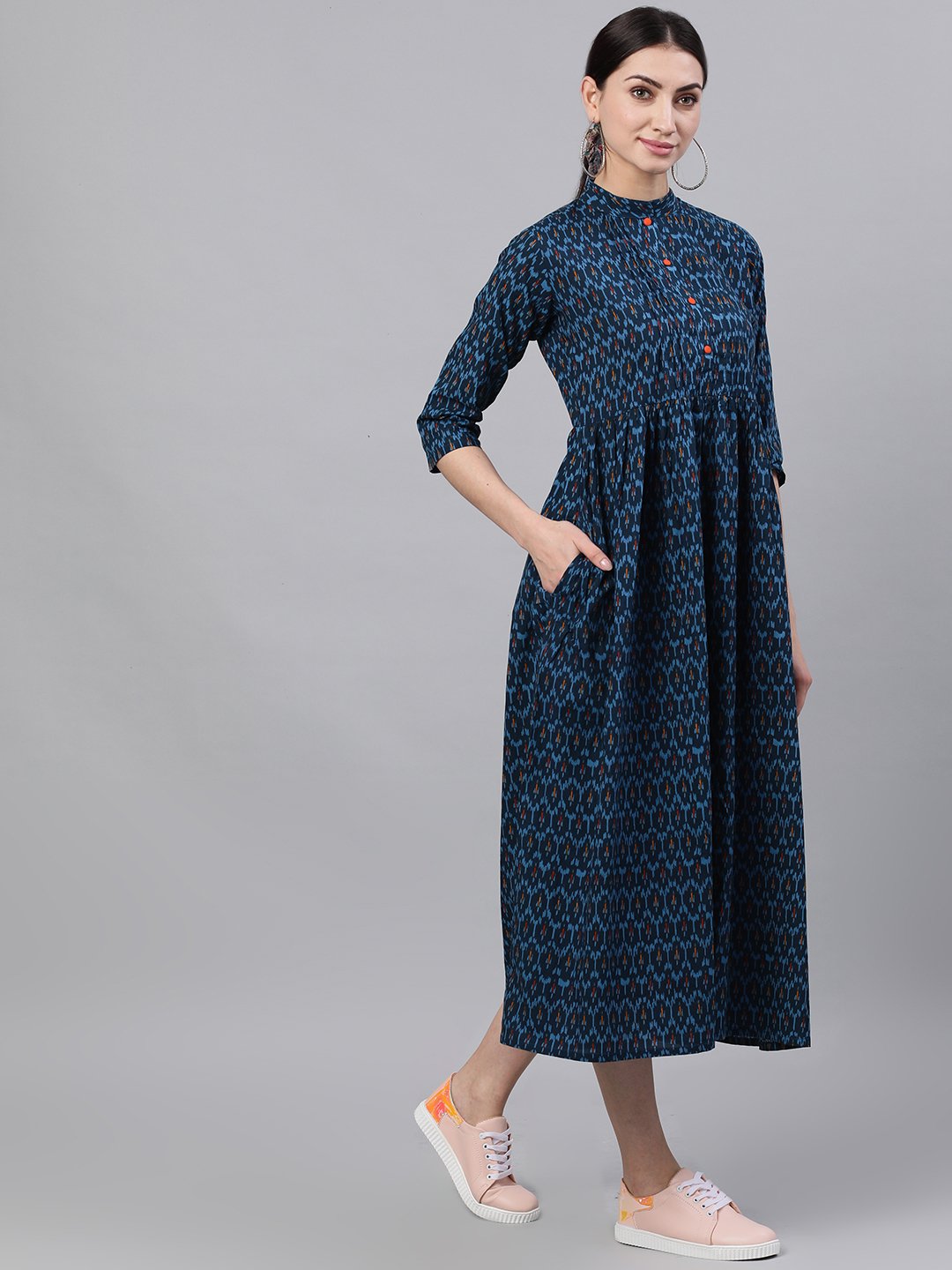 Women Navy Blue Bohemian Printed Mandarin Collar Cotton A-Line Dress | NOZ2TOZ - Made In INDIA.