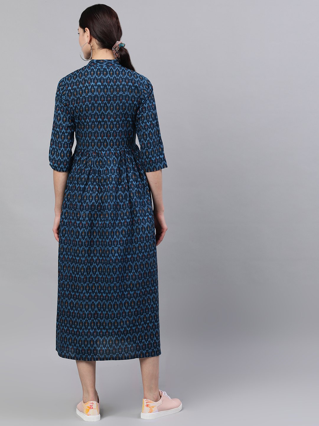 Women Navy Blue Bohemian Printed Mandarin Collar Cotton A-Line Dress | NOZ2TOZ - Made In INDIA.