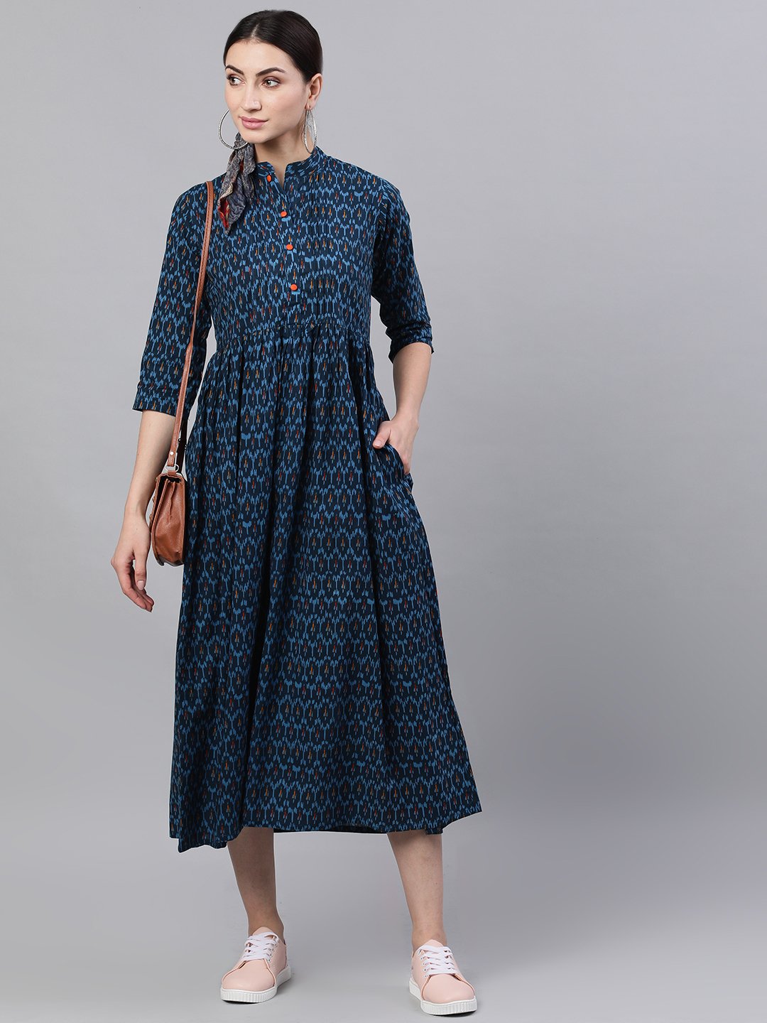 Women Navy Blue Bohemian Printed Mandarin Collar Cotton A-Line Dress | NOZ2TOZ - Made In INDIA.