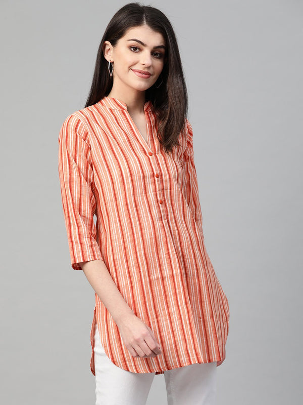 Women Peach & Orange Cotton Striped Mandarin Collar Tunic | NOZ2TOZ - Made In INDIA.