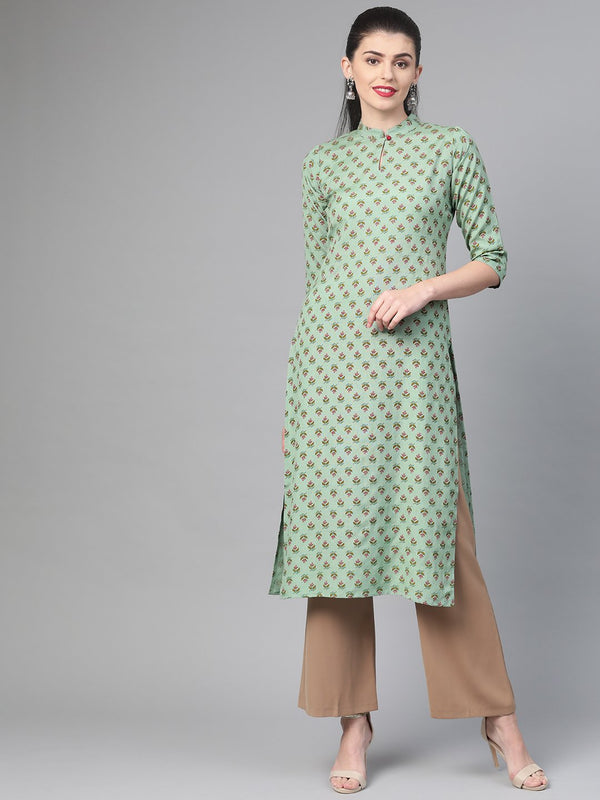 Women Green & Mauve Cotton Straight Floral Printed Kurta | NOZ2TOZ - Made In INDIA.