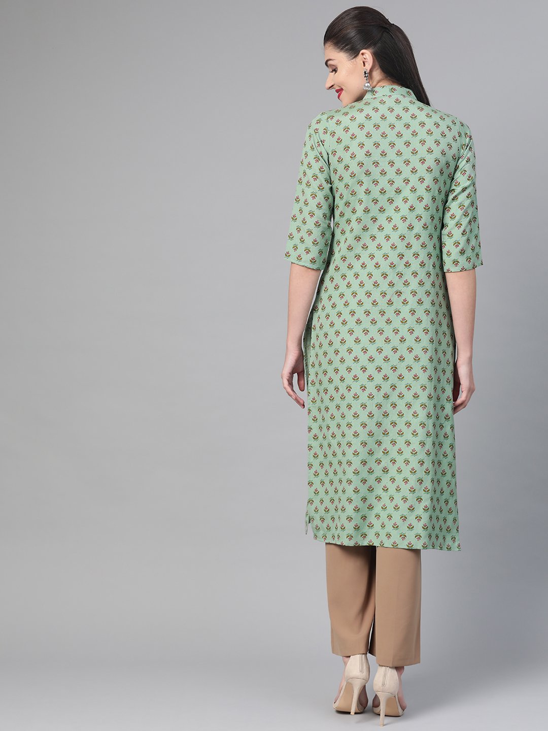 Women Green & Mauve Cotton Straight Floral Printed Kurta | NOZ2TOZ - Made In INDIA.