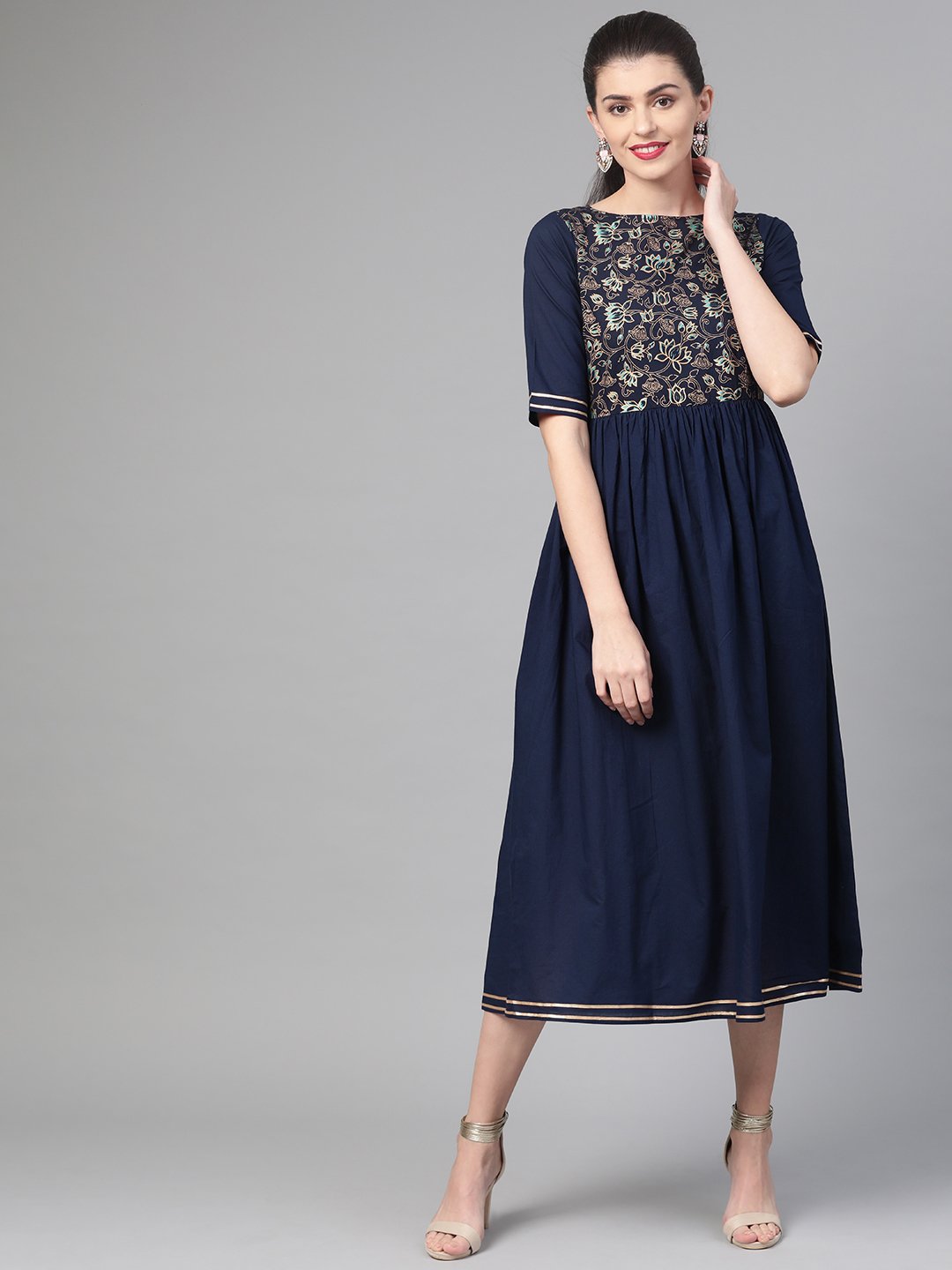 Women Navy Blue & Gold Floral Printed Maxi Dress | NOZ2TOZ - Made In INDIA.