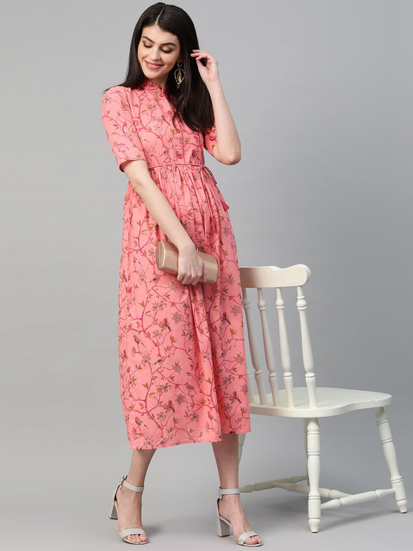 Women Pink & Gold Floral Printed Midi Dress | NOZ2TOZ - Made In INDIA.