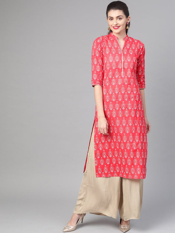 Women Pink & Gold Cotton Straight Floral Printed Kurta | NOZ2TOZ - Made In INDIA.