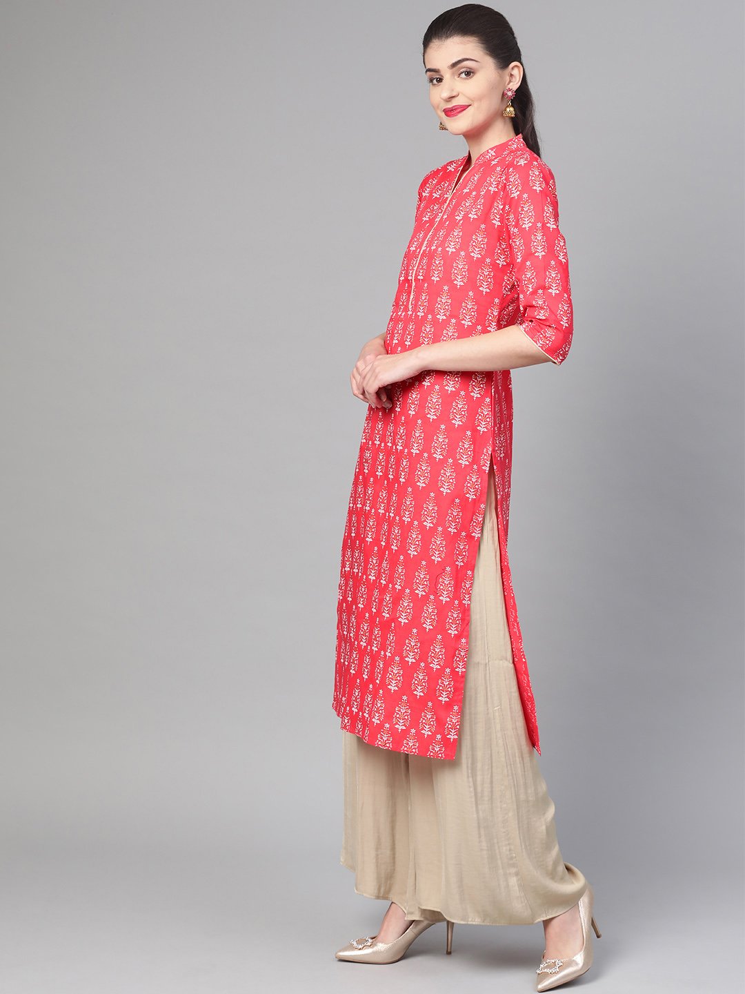 Women Pink & Gold Cotton Straight Floral Printed Kurta | NOZ2TOZ - Made In INDIA.