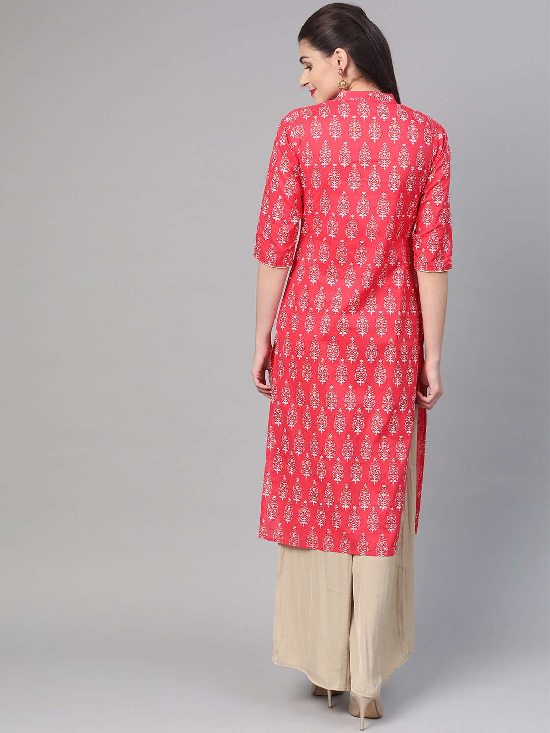 Women Pink & Gold Cotton Straight Floral Printed Kurta | NOZ2TOZ - Made In INDIA.