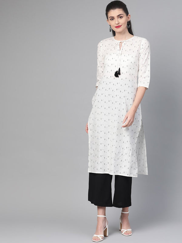 Women White & Black Cotton Straight Geometric Printed Kurta | NOZ2TOZ - Made In INDIA.