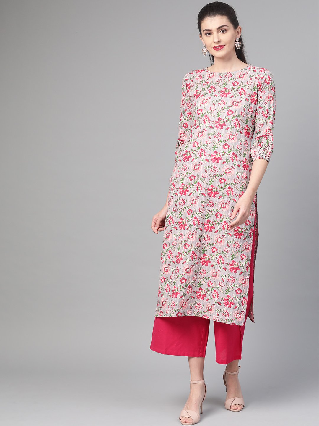 Women Grey & Pink Cotton Straight Floral Printed Kurta | NOZ2TOZ - Made In INDIA.