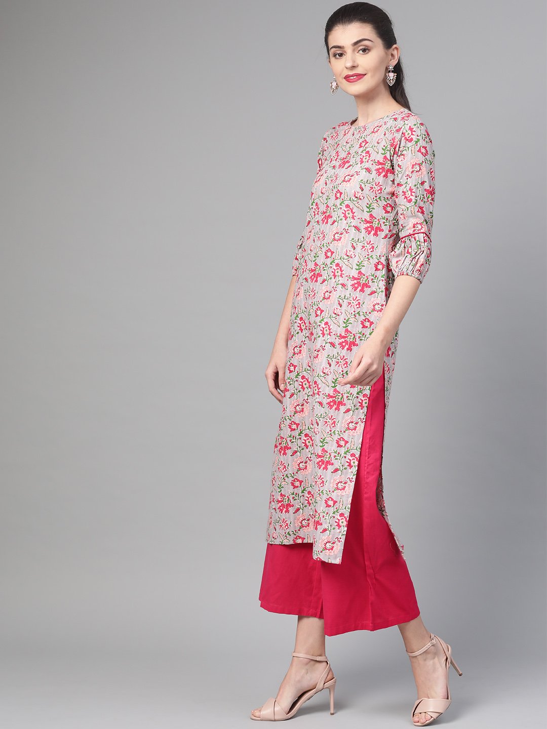 Women Grey & Pink Cotton Straight Floral Printed Kurta | NOZ2TOZ - Made In INDIA.