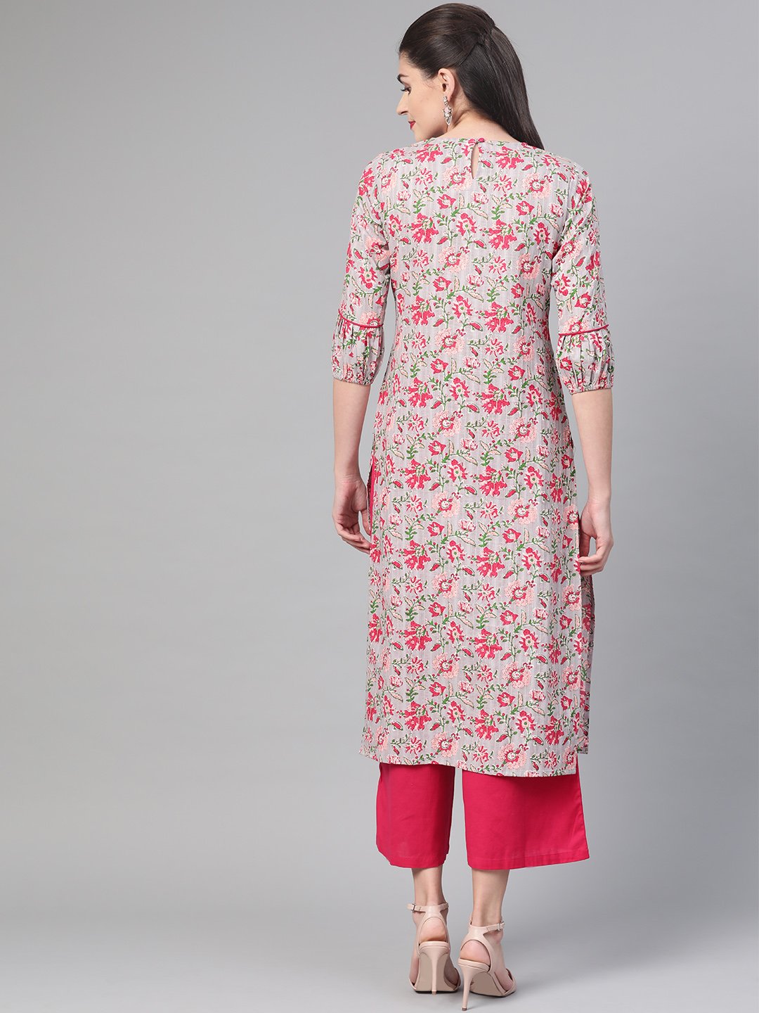 Women Grey & Pink Cotton Straight Floral Printed Kurta | NOZ2TOZ - Made In INDIA.