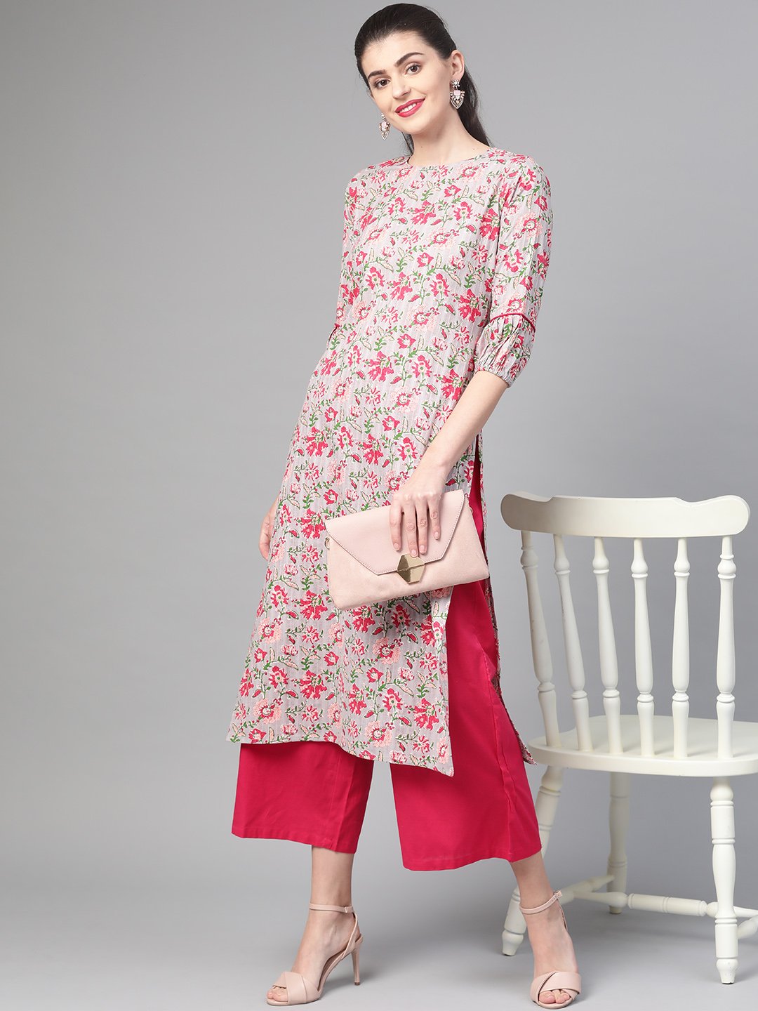 Women Grey & Pink Cotton Straight Floral Printed Kurta | NOZ2TOZ - Made In INDIA.