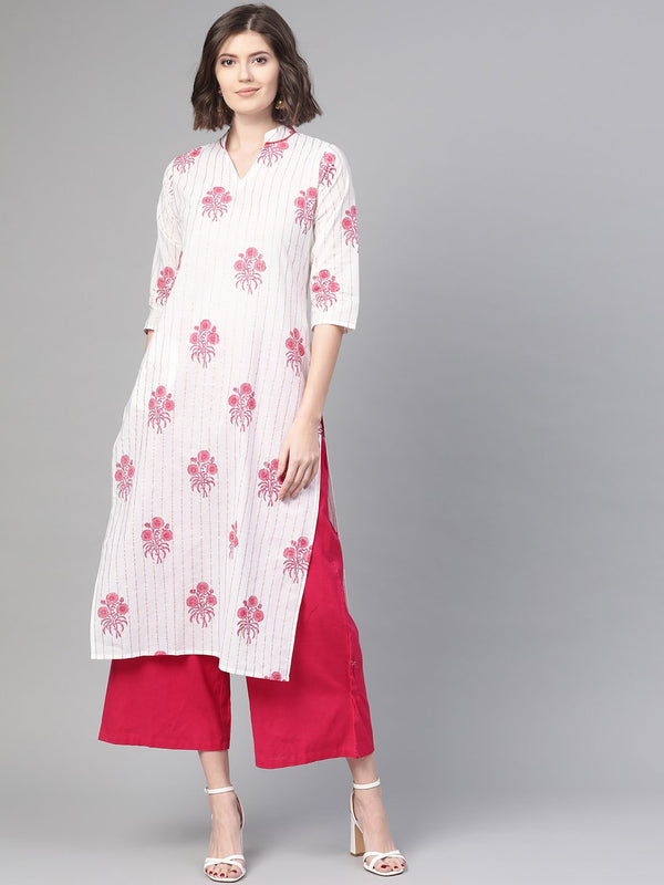 Women White & Pink Cotton Straight Floral Printed Kurta | NOZ2TOZ - Made In INDIA.