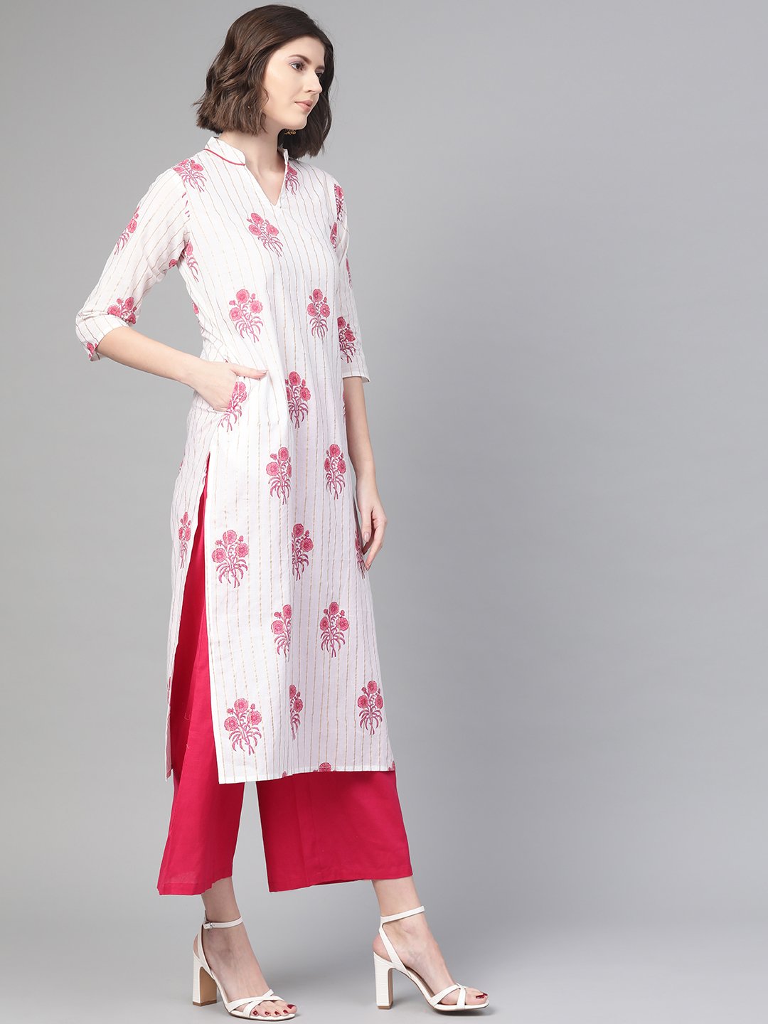 Women White & Pink Cotton Straight Floral Printed Kurta | NOZ2TOZ - Made In INDIA.